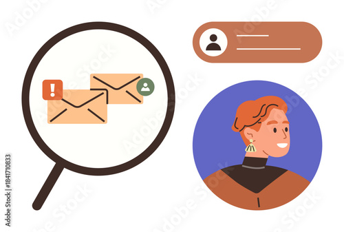 Magnifying glass revealing emails with notifications next to a user profile avatar and status bar. Ideal for communication, email organization, notifications, teamwork, profile management
