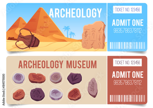 Excursion to archeology excavation in desert, museum ticket design vector set, ancient Egypt civilization artifacts