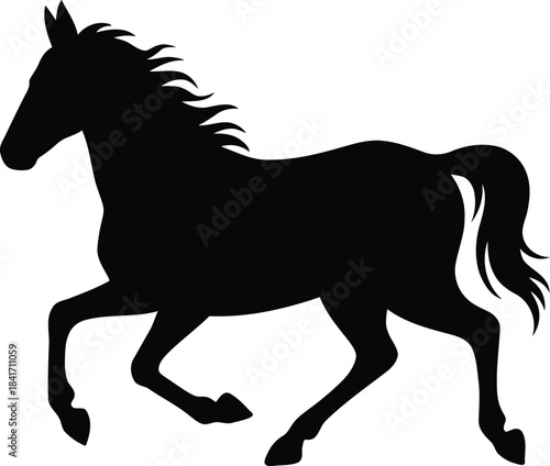 Black silhouette of a horse in motion on white background