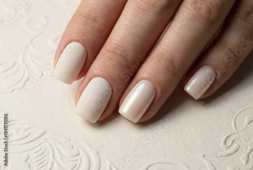 A close-up of a woman's hand with neatly manicured nails painted in Cloud Dancer color, resting on an embossed white surface. The nails are short and elegant.