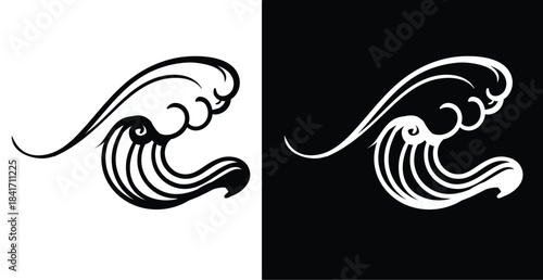 Tribal Stylized Wave Vector Illustration - Black and White Ocean Motif, wave silhouette