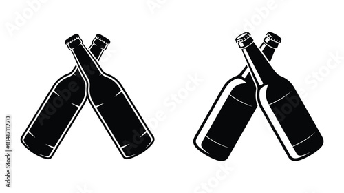 Beer Bottles Clinking Cheers, Two pairs of crossed silhouette beer bottles with caps, Beer bottle cheers, elements for logo, label, emblem, sign, badge. Vector illustration