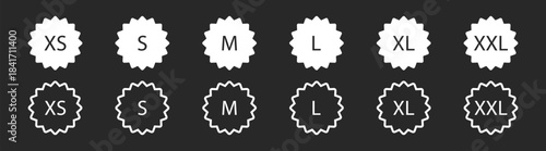 Clothing size and care labels icon set, including tags for small, medium, large, and extra sizes, with symbols for washing, ironing, retail, and fashion