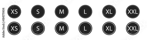 Size label icon for clothing, tags and garments, including small, medium, large, and extra sizes, with vector design for retail, shopping, store, fabric, cotton, and apparel