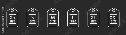 Clothing size labels and tags for small, medium, and large apparel, fabric, and outfit design, fashion retail, and store branding icons and illustrations