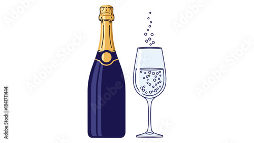 A blue champagne bottle and a wine glass with bubbles on a