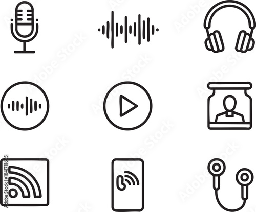 Collection of black line art icons representing audio and broadcasting elements microphone soundwave