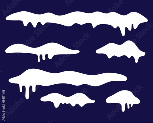 Melting White Snow or Icing Drip Shapes Vector on Blue Background Set