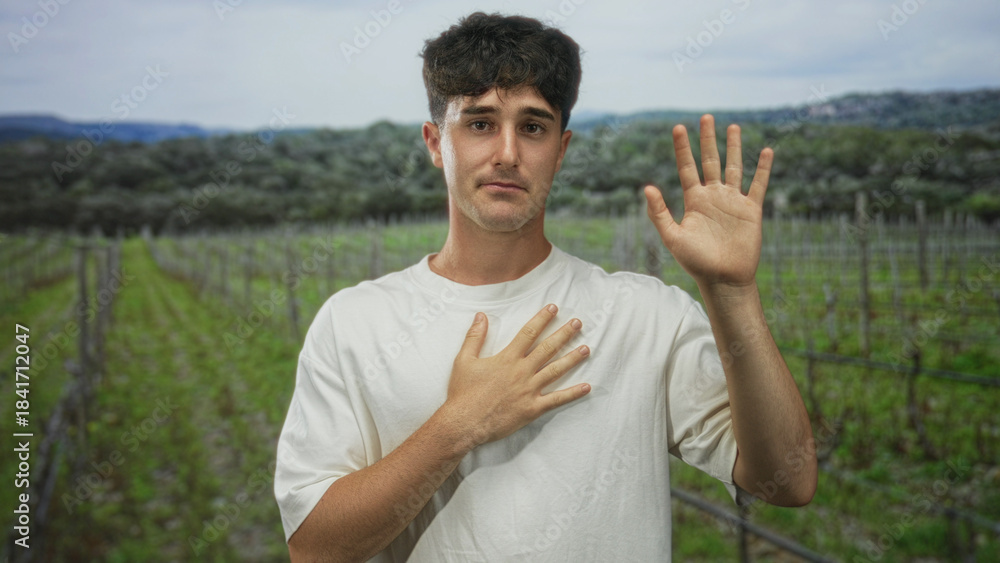 Obraz premium Man places hand on chest and raises right hand in a forest field, palm visible and direct gaze; sincere apology.