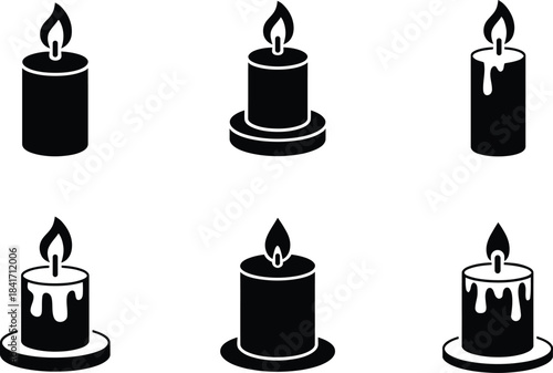 Six black and white candle illustrations with varying flame and wax conditions