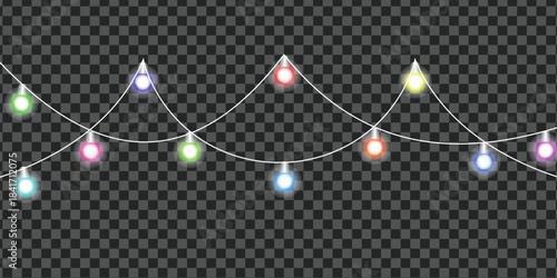 Transparent String Lights Overlay – Colorful Festive Garland Bulbs for New Year, Party, Wedding, Celebration and Decorative Photo Editing (PNG