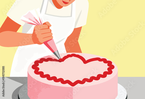 Person decorating a heart-shaped cake with red frosting