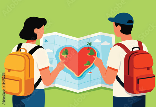 Couple with backpacks planning a trip, pointing at a heart-shaped island on a map