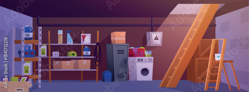 Daytime basement interior with stairs, furniture, shelves, household inventory.