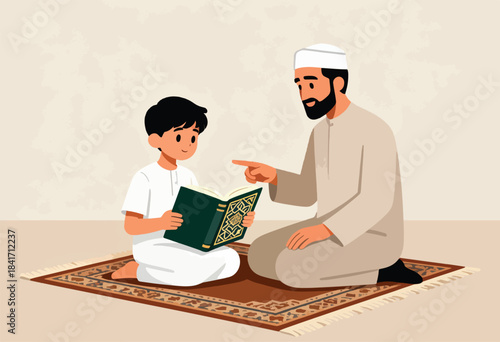 Bearded man teaching a boy to read from a holy book on a rug