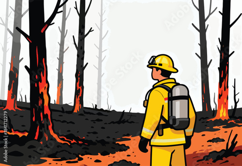 Firefighter surveys a desolate landscape of burnt trees and smoldering ground