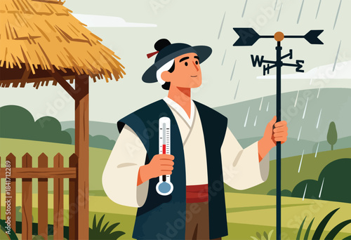 A person in traditional clothing checks a thermometer during rainfall, with a weather vane and thatched structure nearby