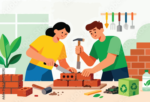 People building with bricks, tools, and plants