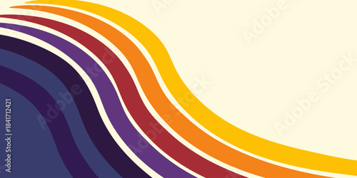 Abstract colorful 70s background vector. Vintage retro wallpaper with rainbow stripes and wavy lines. A 1970 color illustration suitable for posters, banners, decorative items and wall art.