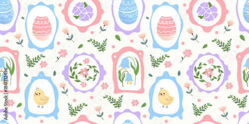 Floral cute seamless pattern with hand-drawn spring elements, blooming flowers, framed motifs, chicks, Easter eggs, and garden leaves. Cozy pastel background. Vintage cottage core aesthetic. Vector 