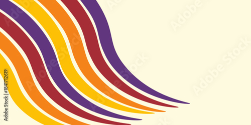 Abstract colorful 70s background vector. Vintage retro wallpaper with rainbow stripes and wavy lines. A 1970 color illustration suitable for posters, banners, decorative items and wall art.