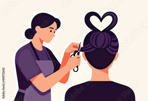 Stylist cuts hair shaped into a heart, creating a stylish hairdo