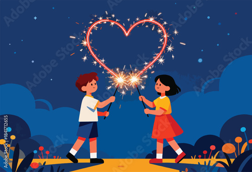 Children holding sparklers create a heart shape against a night sky