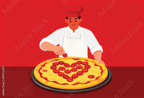 Cheerful chef decorates pizza with pepperoni arranged as a heart shape