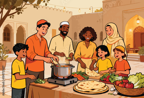 Diverse family prepares a shared meal outdoors by a traditional building