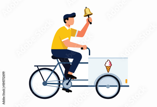 Vendor on a bicycle rings bell, pulling an ice cream cart