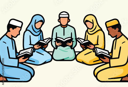 Diverse group sits in a circle, engrossed in reading holy books