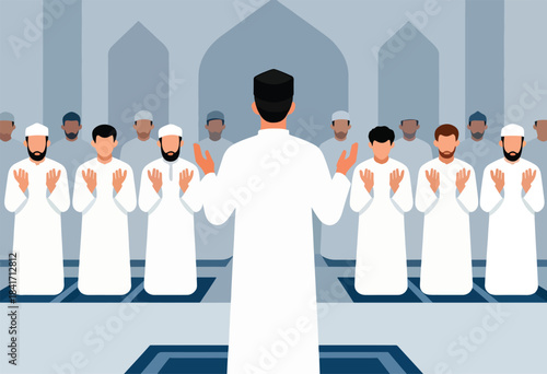A group of men in white garments and head coverings worship inside a mosque