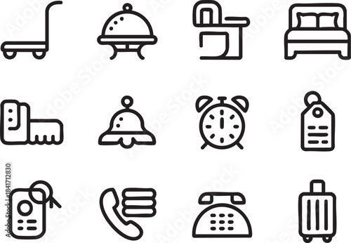 Collection of hotel service icons including luggage cart bed bell alarm clock phone and suitcase