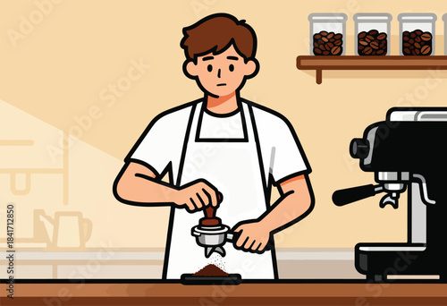 Barista tamps coffee grounds into a portafilter beside an espresso machine