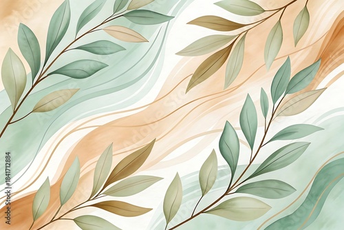 Abstract Botanical Leaf Pattern with Soft Pastel Waves