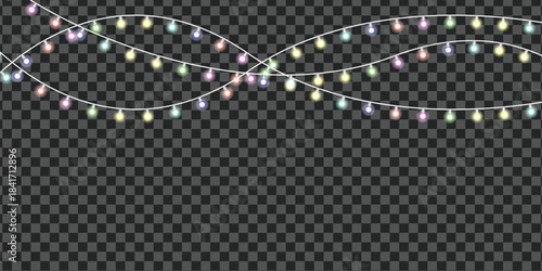 Transparent String Lights Overlay – Colorful Festive Garland Bulbs for New Year, Party, Wedding, Celebration and Decorative Photo Editing (PNG