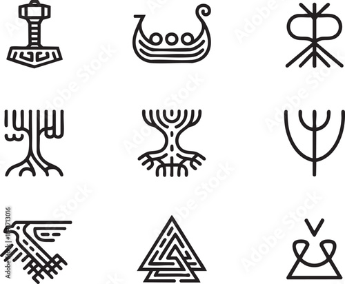 Collection of nine black line art Norse Viking symbols including Thor's hammer and longship vector