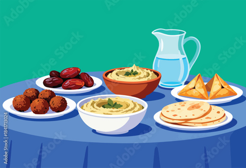 A spread of Middle Eastern dishes and water on a blue tablecloth