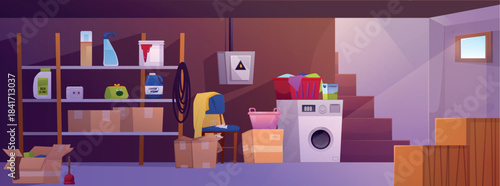 Basement room interior vector flat illustration, storage home cellar with cleaning tools, washing machine, old furniture