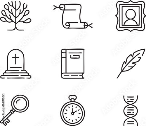 Collection of nine black outline icons representing tree tombstone scroll portrait book feather key stopwatch D N A