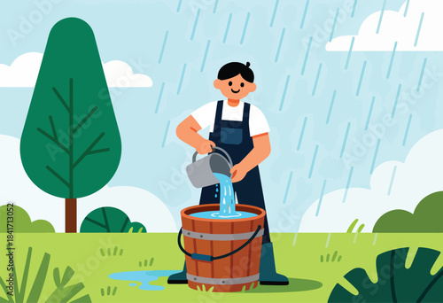 Man collecting rainwater in a bucket during a shower, with a tree and clouds