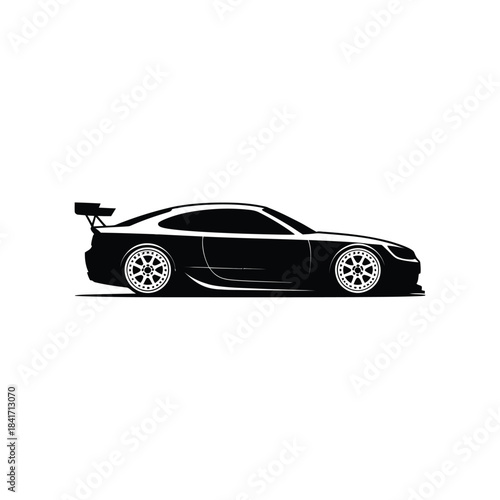 Sleek black sports car silhouette with a prominent rear spoiler design