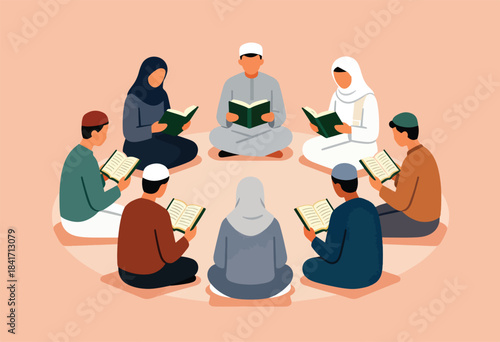 Diverse group of people in traditional attire sit in a circle, reading books