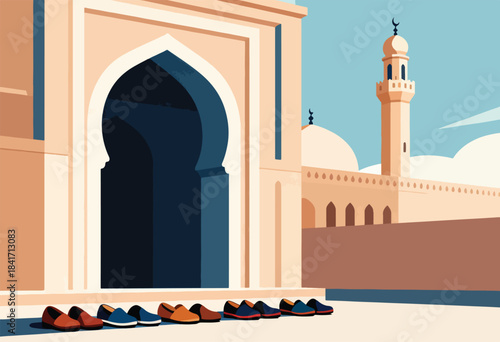 Pairs of shoes lined up before an ornate entryway of a mosque