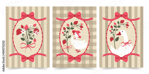 A set of modern flat vintage templates for posters, flyers, and postcards with delicious ripe strawberries and cute geese. Vector design.
