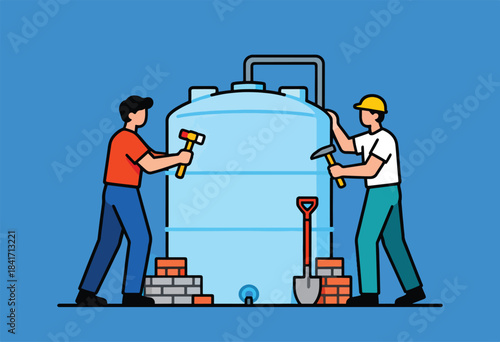 Two builders working on a large blue tank with hammers and bricks