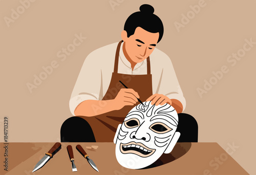 A craftsman meticulously carves a detailed mask, surrounded by tools