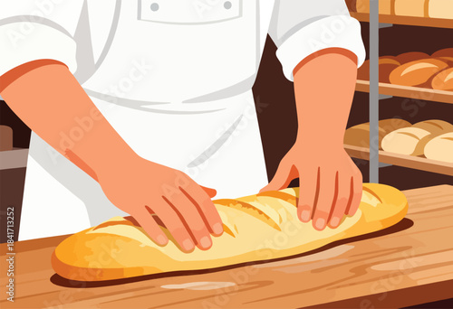 Hands shaping a golden baguette on a wooden counter, shelves of bread behind