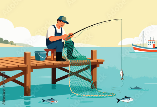 Man on wooden pier fishes in turquoise water with boat in distance