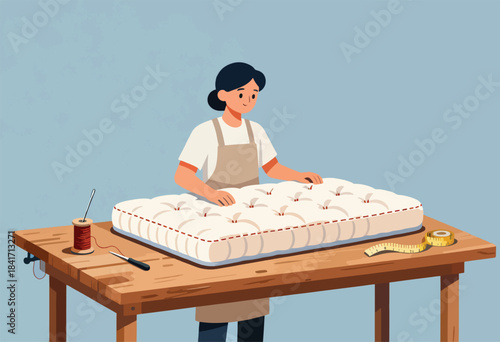 Person with apron crafting a mattress on wooden table with sewing supplies